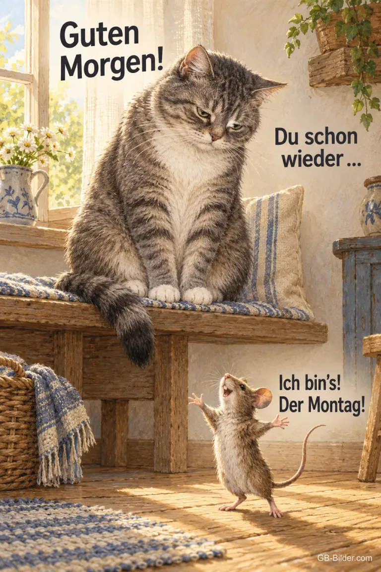 Katze schaut von einer Bank auf eine winkende Maus, Text: Guten Morgen! Du schon wieder … Ich bin’s! Der Montag!