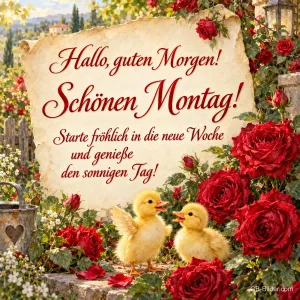 Zwei Entenküken zwischen roten Rosen vor einem Pergament, Text: Hallo, guten Morgen! Schönen Montag! Starte fröhlich in die neue Woche und genieße den sonnigen Tag!