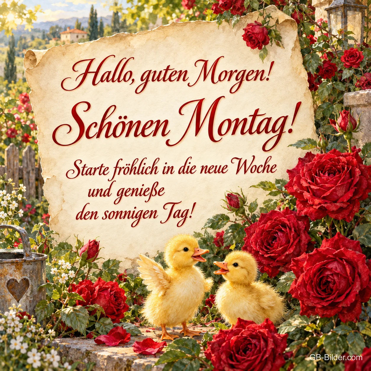Zwei Entenküken zwischen roten Rosen vor einem Pergament, Text: Hallo, guten Morgen! Schönen Montag! Starte fröhlich in die neue Woche und genieße den sonnigen Tag! Zwei Entenküken zwischen roten Rosen vor einem Pergament, Text: Hallo, guten Morgen! Schönen Montag! Starte fröhlich in die neue Woche und genieße den sonnigen Tag!
