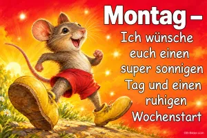 Maus mit roter Hose und gelben Schuhen läuft fröhlich, Text: Montag – Ich wünsche euch einen super sonnigen Tag und einen ruhigen Wochenstart