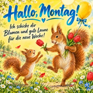 Zwei Eichhörnchen mit Tulpen und Luftballon tanzen auf einer Wiese, Text: Hallo, Montag! Ich schicke dir Blumen und gute Laune für die neue Woche!