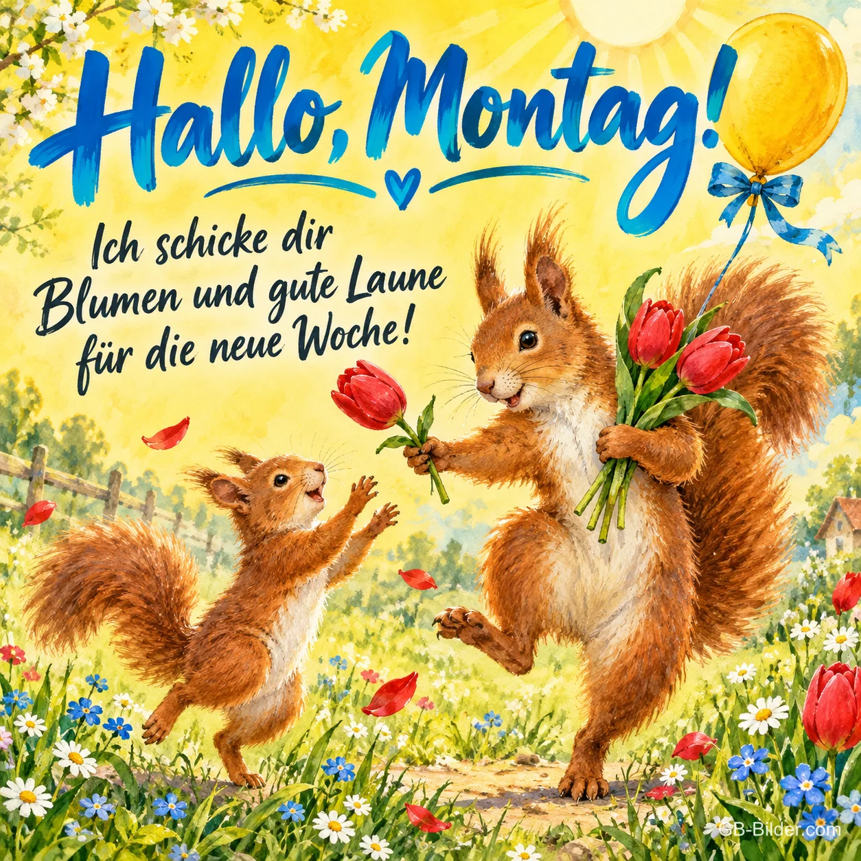 Zwei Eichhörnchen mit Tulpen und Luftballon tanzen auf einer Wiese, Text: Hallo, Montag! Ich schicke dir Blumen und gute Laune für die neue Woche! Zwei Eichhörnchen mit Tulpen und Luftballon tanzen auf einer Wiese, Text: Hallo, Montag! Ich schicke dir Blumen und gute Laune für die neue Woche!