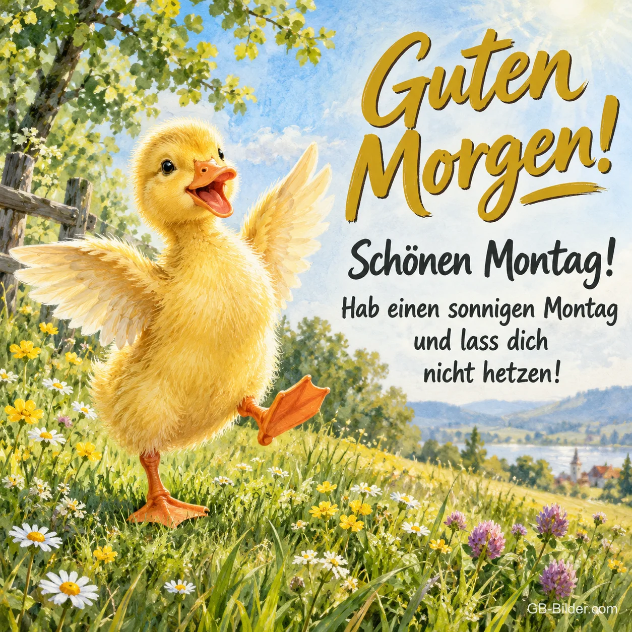 Entenküken tanzt fröhlich auf einer Blumenwiese, Text: Guten Morgen! Schönen Montag! Hab einen sonnigen Montag und lass dich nicht hetzen! Entenküken tanzt fröhlich auf einer Blumenwiese, Text: Guten Morgen! Schönen Montag! Hab einen sonnigen Montag und lass dich nicht hetzen!