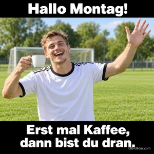 Lachender Mann im Trikot winkt mit Kaffeetasse auf dem Fußballplatz, Text: Hallo Montag! Erst mal Kaffee, dann bist du dran.