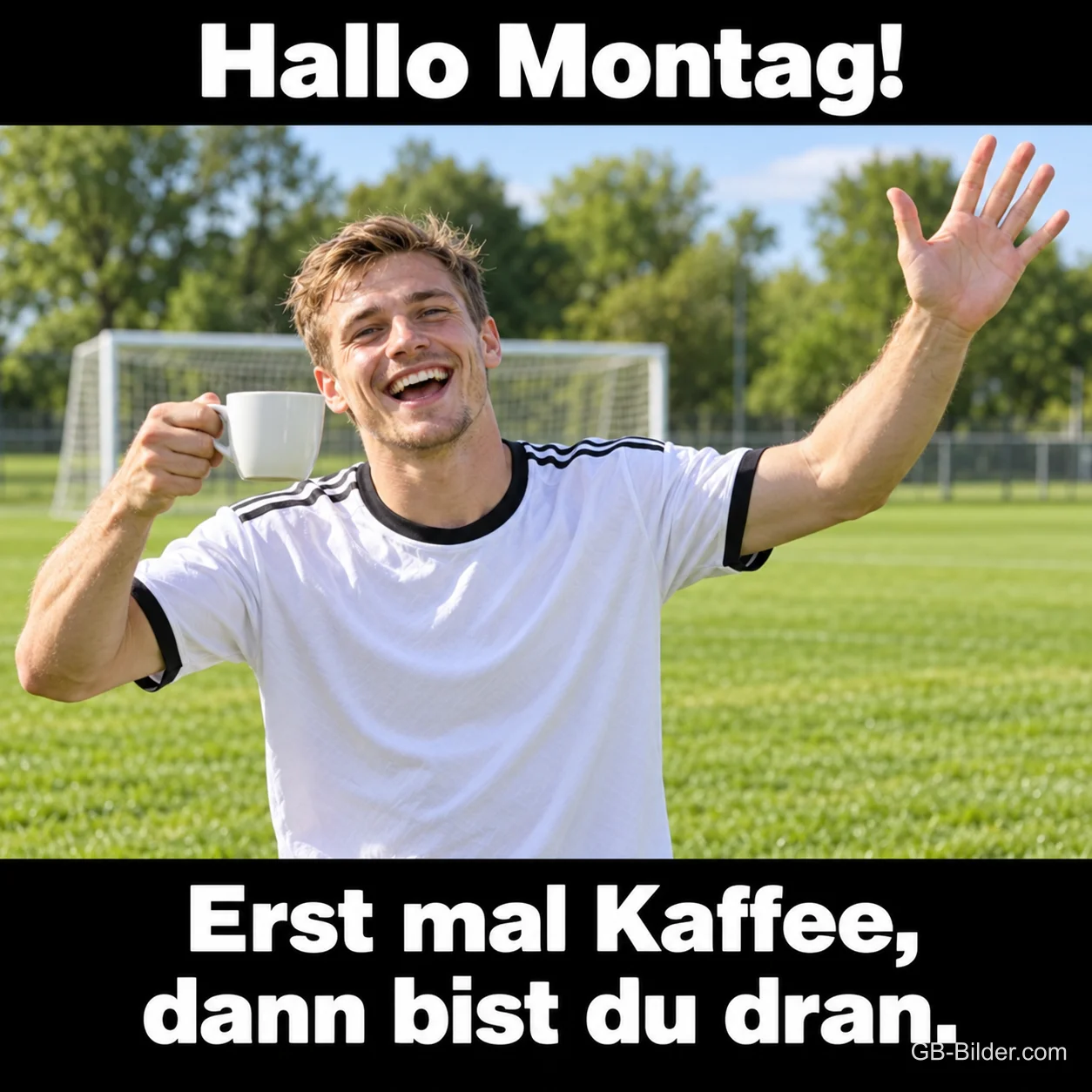 Lachender Mann im Trikot winkt mit Kaffeetasse auf dem Fußballplatz, Text: Hallo Montag! Erst mal Kaffee, dann bist du dran.