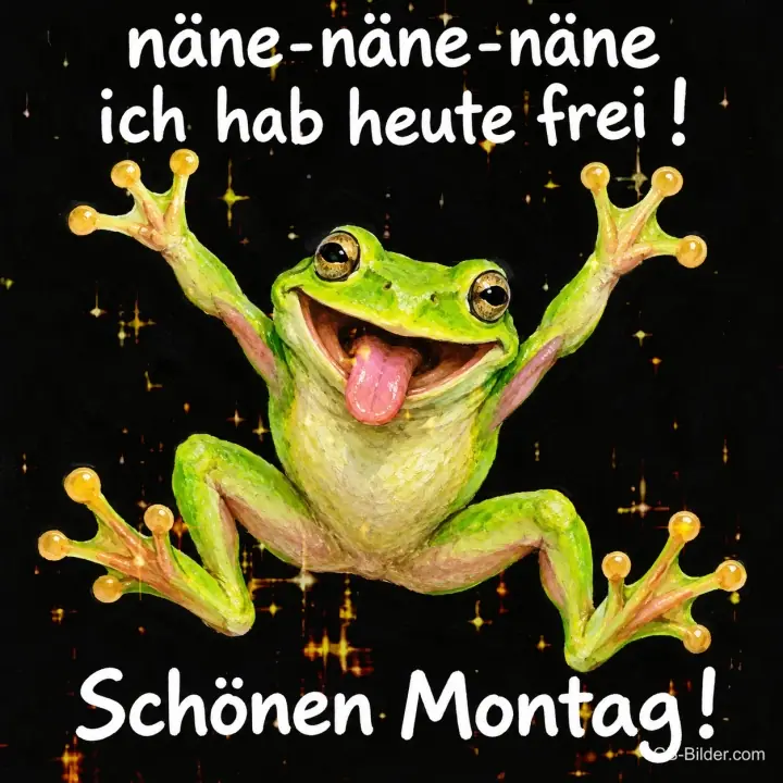 Frosch springt lachend mit ausgestreckten Beinen, Text: näne-näne-näne ich hab heute frei! Schönen Montag!
