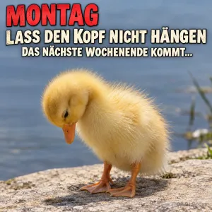 Entenküken mit gesenktem Kopf, Text: MONTAG