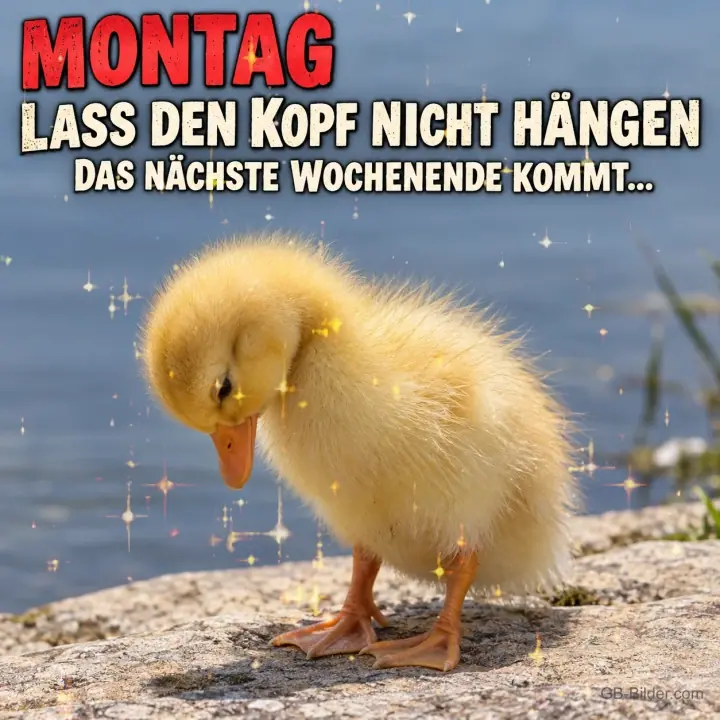 Entenküken mit gesenktem Kopf, Text: MONTAG