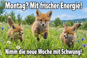 Drei Fuchswelpen springen durch eine Sommerwiese, Text: Montag? Mit frischer Energie! – Nimm die neue Woche mit Schwung!
