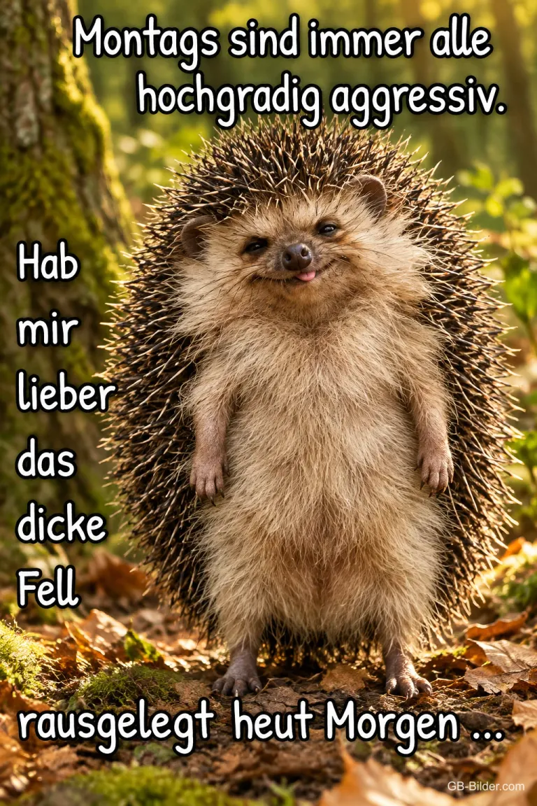 Igel steht aufrecht und grinst im Herbstwald, Text: Montags sind immer alle hochgradig aggressiv. Hab mir lieber das dicke Fell rausgelegt heut Morgen ...