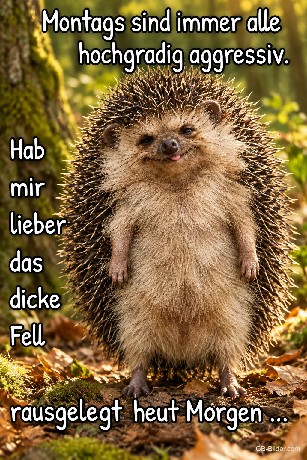 Igel steht aufrecht und grinst im Herbstwald, Text: Montags sind immer alle hochgradig aggressiv. Hab mir lieber das dicke Fell rausgelegt heut Morgen ...