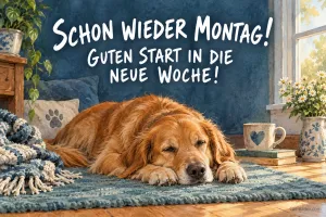 Golden Retriever schläft auf einem Teppich am Fenster, Text: Schon wieder Montag! Guten Start in die neue Woche!