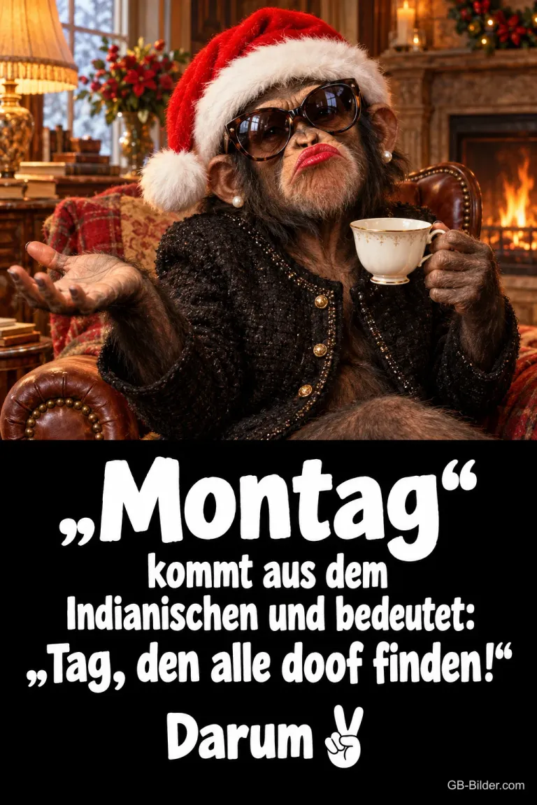 Schimpansin mit Weihnachtsmütze, Sonnenbrille und Teetasse gestikuliert im Sessel, Text: „Montag“ kommt aus dem Indianischen und bedeutet: „Tag, den alle doof finden!“ Darum ✌