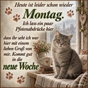Katze am Fenster mit Pfotenabdrücken, Text: Heute ist leider schon wieder Montag