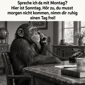 Schimpanse am Telefon, lustiger Spruch, Text: Spreche ich da mit Montag