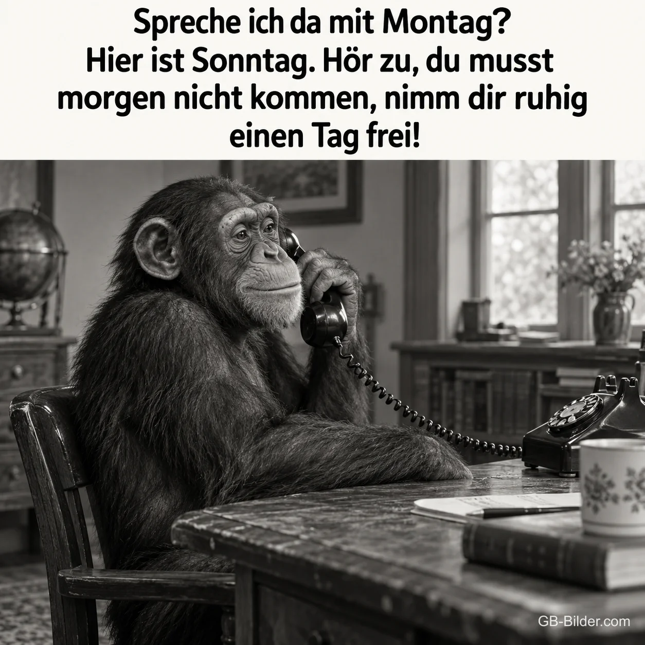 Schimpanse am Telefon, lustiger Spruch, Text: Spreche ich da mit Montag