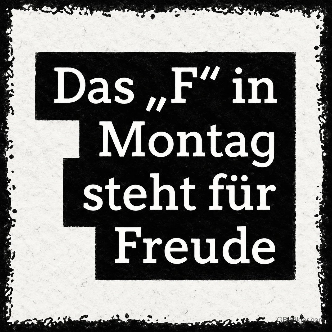 Schrift auf Schwarz, lustiger Spruch: Das F in Montag steht für Freude, Text: Das „F“ in Montag steht für Freude