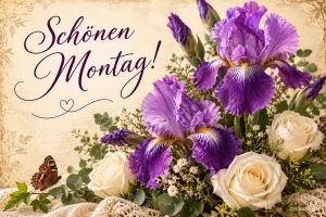 Strauß aus lila Iris und weißen Rosen mit Schmetterling, Text: Schönen Montag!