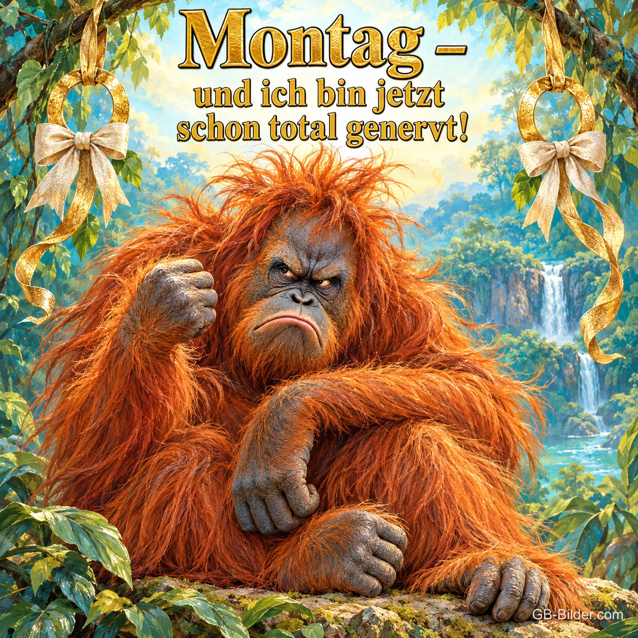 Orang-Utan sitzt mit verschränkten Armen und grimmigem Blick im Dschungel, Text: Montag – und ich bin jetzt schon total genervt!