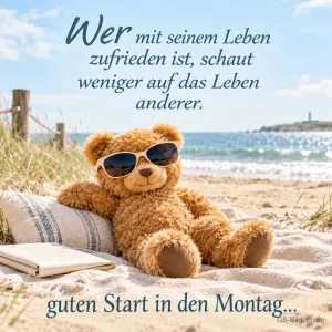 Teddybär mit Sonnenbrille am Strand, Text: Wer mit seinem Leben zufrieden ist, schaut weniger auf das Leben ander