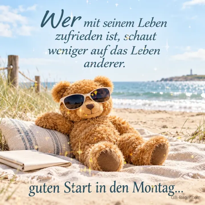 Teddybär mit Sonnenbrille am Strand, Text: Wer mit seinem Leben zufrieden ist, schaut weniger auf das Leben ander