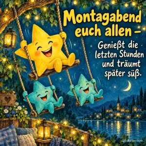 Drei lachende Sterne schaukeln an Seilen unter Lichterketten über einem nächtlichen See, Text: Montagabend euch allen – Genießt die letzten Stunden und träumt später süß.