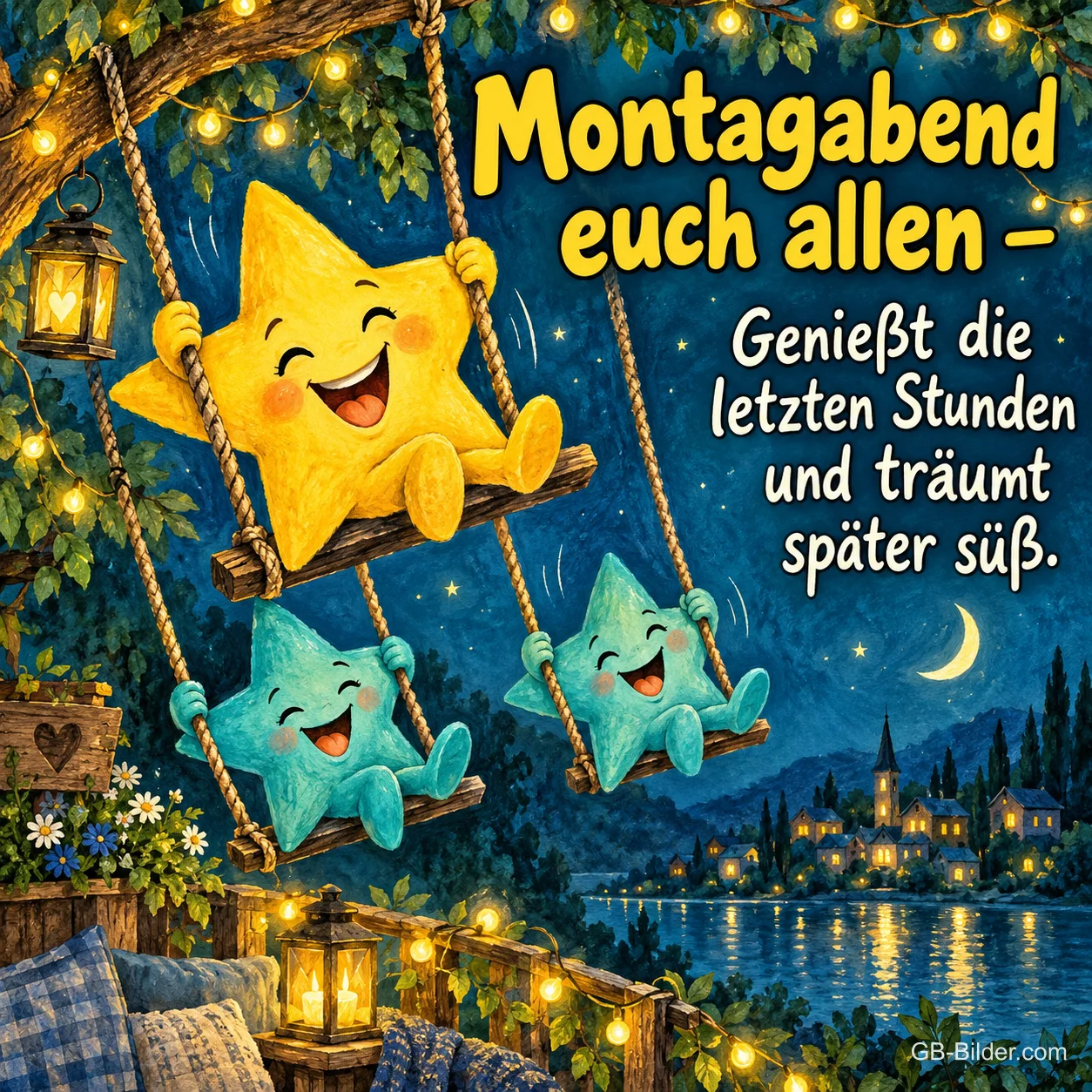 Drei lachende Sterne schaukeln an Seilen unter Lichterketten über einem nächtlichen See, Text: Montagabend euch allen – Genießt die letzten Stunden und träumt später süß.