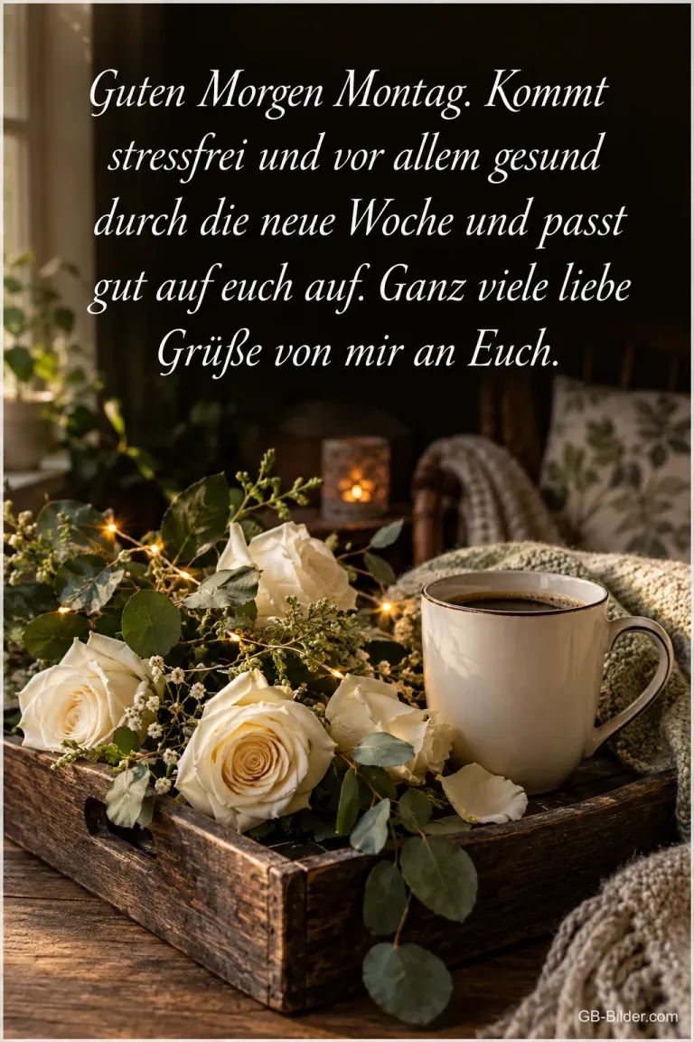 Kaffeetasse zwischen weißen Rosen, Text: Guten Morgen Montag. Kommt stressfrei und gesund durch die neue Woche.