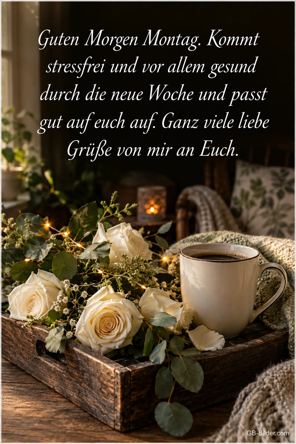 Kaffeetasse zwischen weißen Rosen, Text: Guten Morgen Montag. Kommt stressfrei und gesund durch die neue Woche. Kaffeetasse zwischen weißen Rosen, Text: Guten Morgen Montag. Kommt stressfrei und gesund durch die neue Woche.