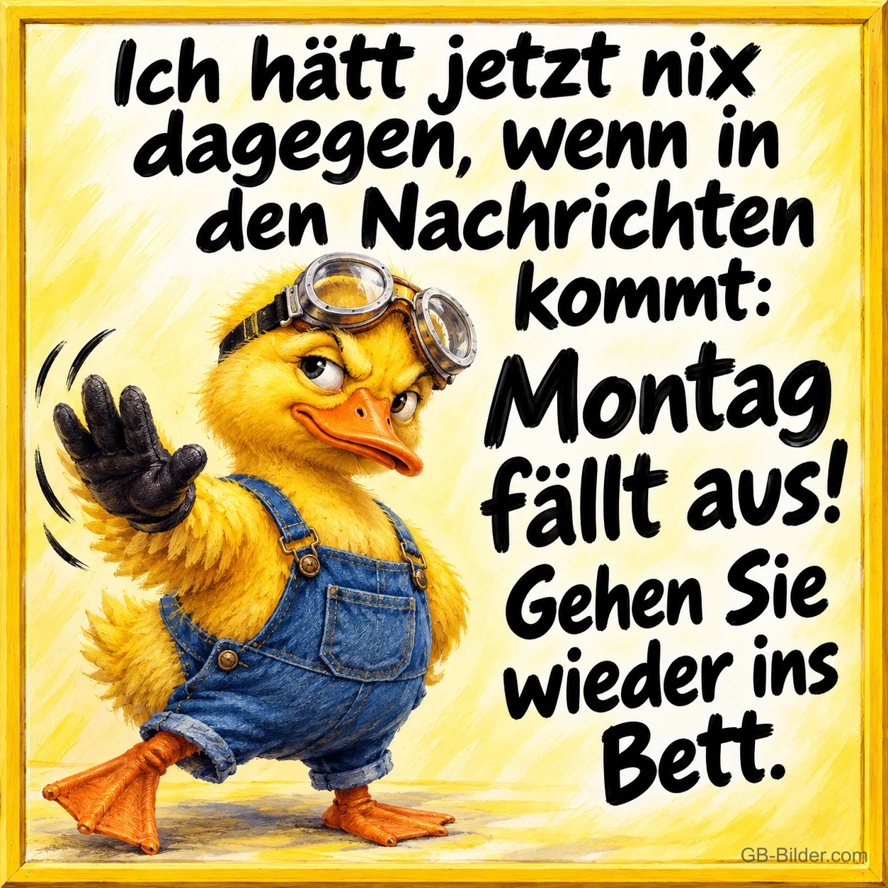 Ente mit Fliegerbrille und Latzhose tanzt fröhlich, Text: Ich hätt jetzt nix dagegen, wenn in den Nachrichten kommt: Montag fällt aus! Gehen Sie wieder ins Bett.