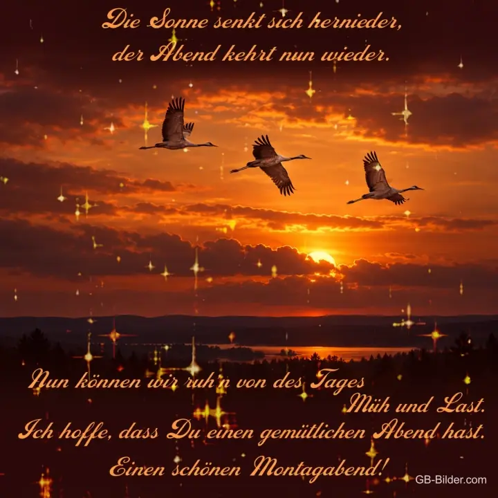 Kraniche im Abendrot, Abendgedicht, Text: Die Sonne senkt sich hernieder, der Abend kehrt nun wieder Kraniche im Abendrot, Abendgedicht, Text: Die Sonne senkt sich hernieder, der Abend kehrt nun wieder