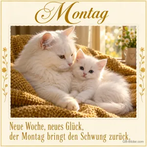 Weiße Katze mit Kätzchen auf einer Decke, Text: Montag – Neue Woche, neues Glück