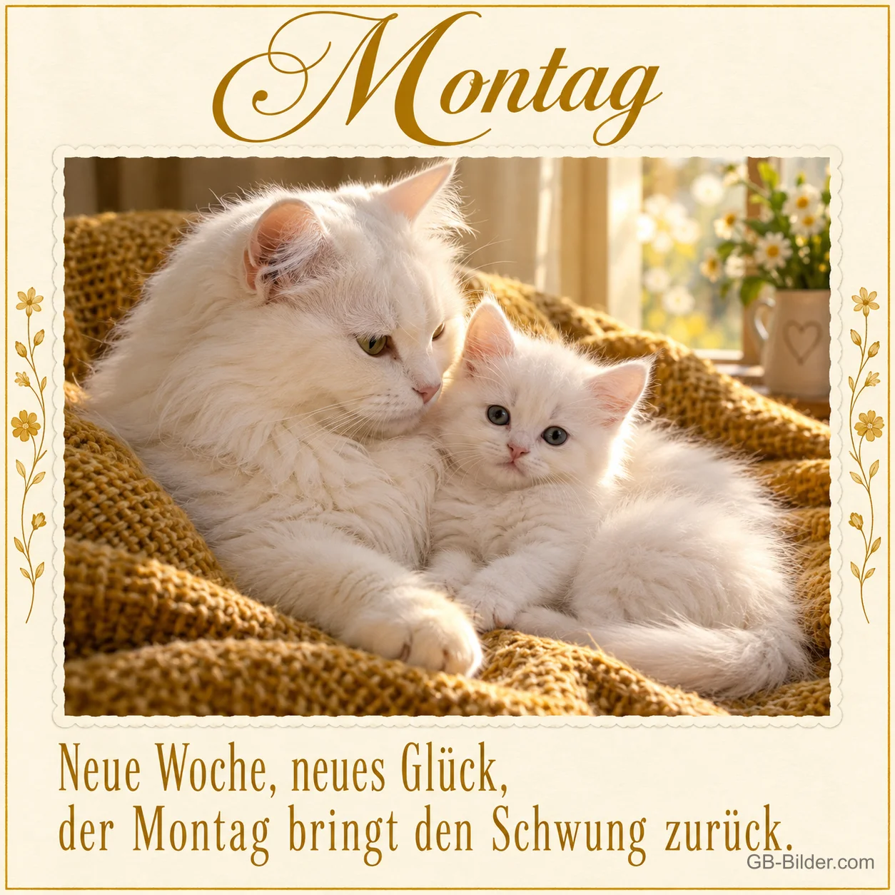 Weiße Katze mit Kätzchen auf einer Decke, Text: Montag – Neue Woche, neues Glück
