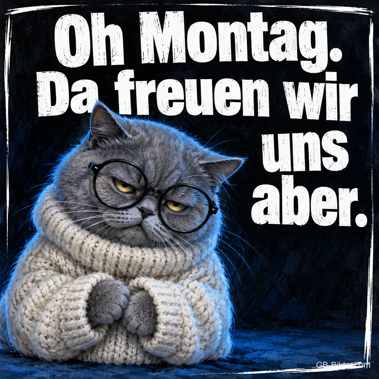 Graue Katze mit Brille und Rollkragenpulli schaut mürrisch, Text: Oh Montag. Da freuen wir uns aber.