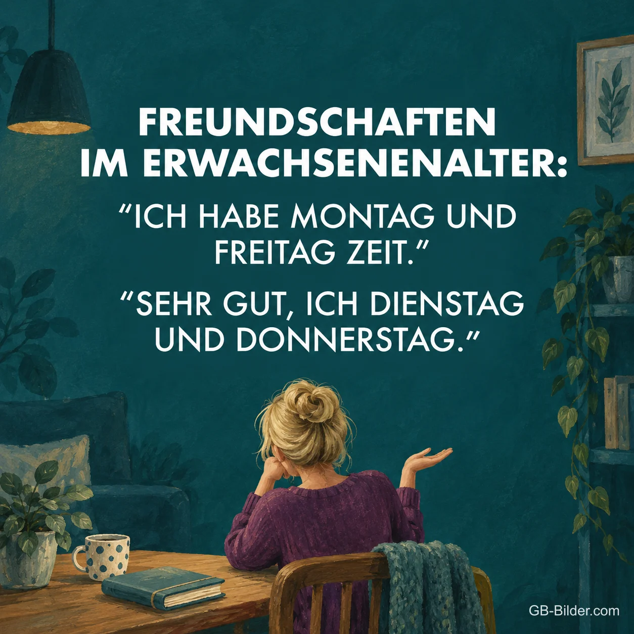 Schulterzuckende Frau am Tisch, lustiger Spruch über Freundschaften im Erwachsenenalter