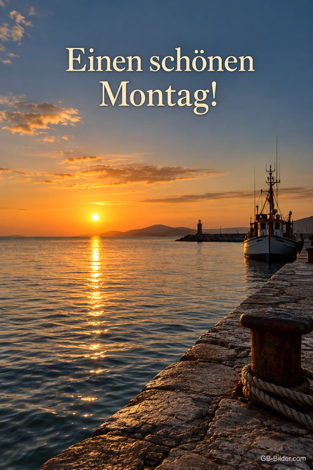 Fischerboot im Sonnenuntergang, Text: Einen schönen Montag