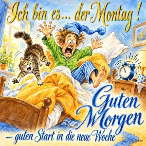 Mann springt erschrocken aus dem Bett, als der Wecker klingelt, daneben springt eine Katze, Text: Ich bin es... der Montag! Guten Morgen – guten Start in die neue Woche