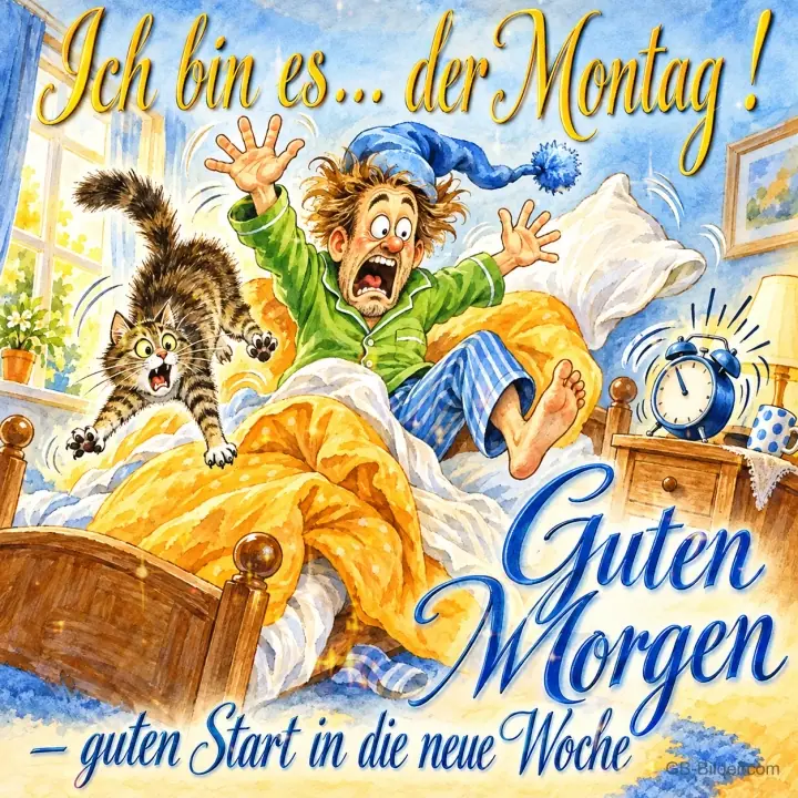 Mann springt erschrocken aus dem Bett, als der Wecker klingelt, daneben springt eine Katze, Text: Ich bin es... der Montag! Guten Morgen – guten Start in die neue Woche Mann springt erschrocken aus dem Bett, als der Wecker klingelt, daneben springt eine Katze, Text: Ich bin es... der Montag! Guten Morgen – guten Start in die neue Woche
