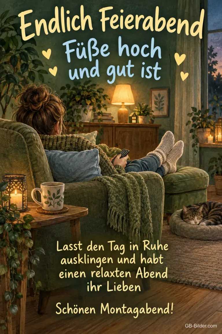 Frau im Sessel mit hochgelegten Füßen, Text: Endlich Feierabend