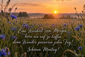 Kornblumenwiese im Sonnenaufgang, Text: Eine Weisheit zum Morgen: höre nie auf zu hoffen, denn Wunder passiere