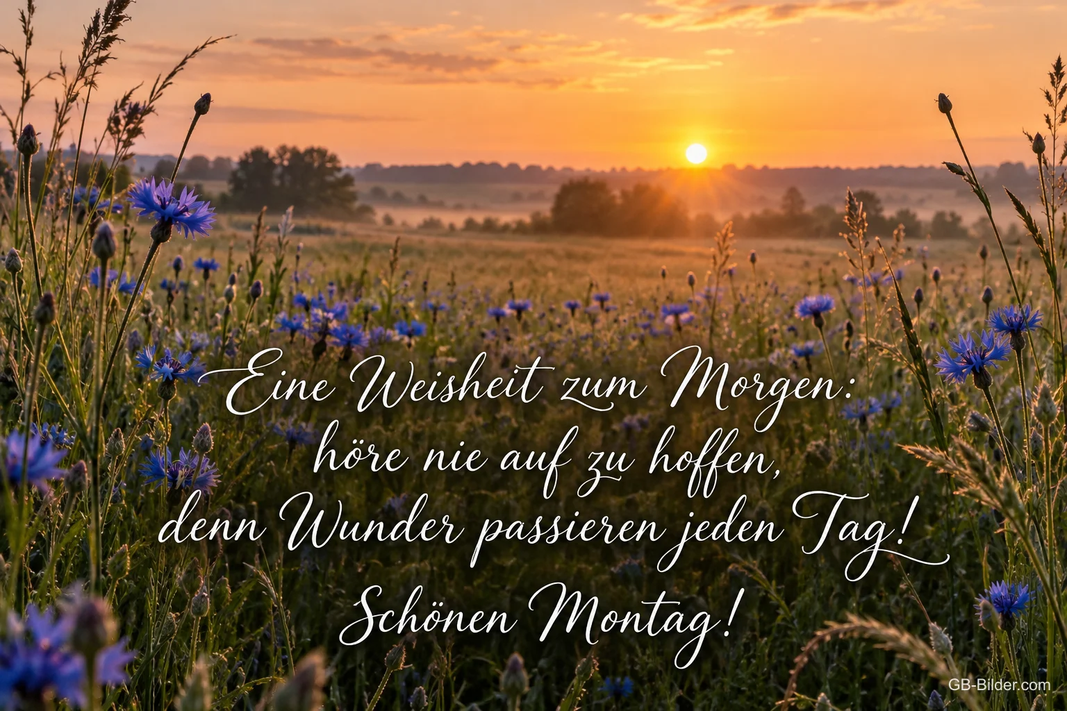 Kornblumenwiese im Sonnenaufgang, Text: Eine Weisheit zum Morgen: höre nie auf zu hoffen, denn Wunder passiere
