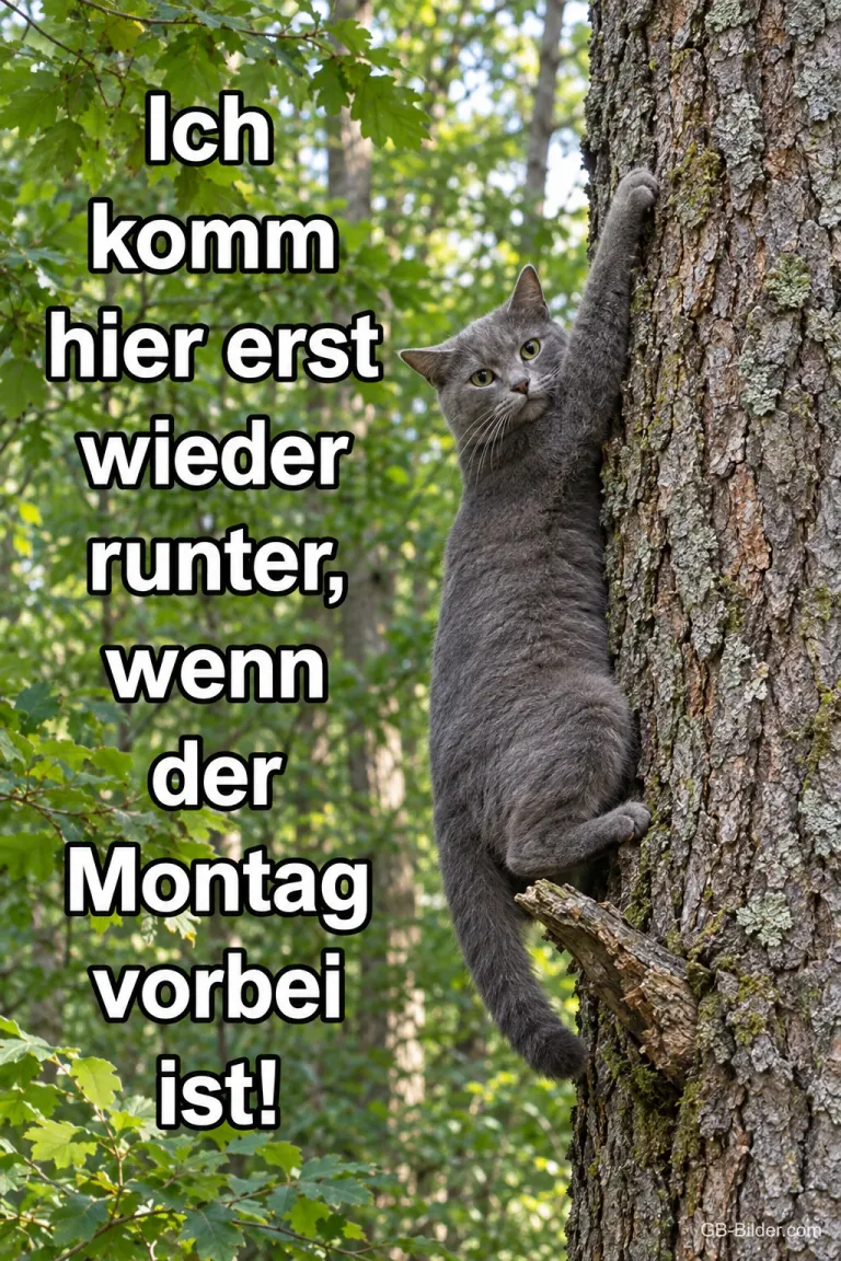 Graue Katze am Baumstamm, Text: Ich komm hier erst wieder runter, wenn der Montag vorbei ist!