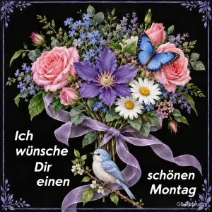 Blumenstrauß mit Schmetterling, Text: Ich wünsche Dir einen schönen Montag