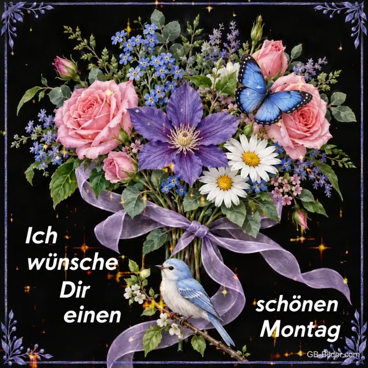 Blumenstrauß mit Schmetterling, Text: Ich wünsche Dir einen schönen Montag