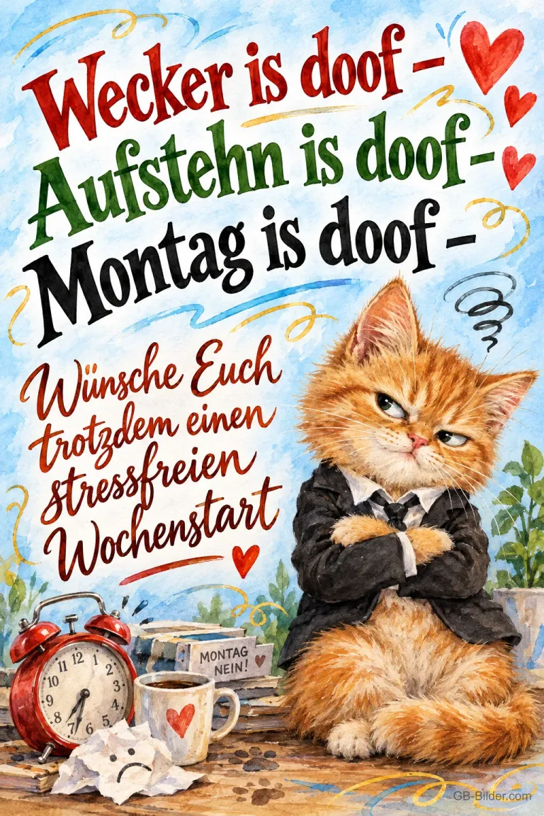 Rotes Kätzchen mit Anzug verschränkt die Arme neben einem Wecker, Text: Wecker is doof – Aufstehn is doof – Montag is doof – Wünsche Euch trotzdem einen stressfreien Wochenstart