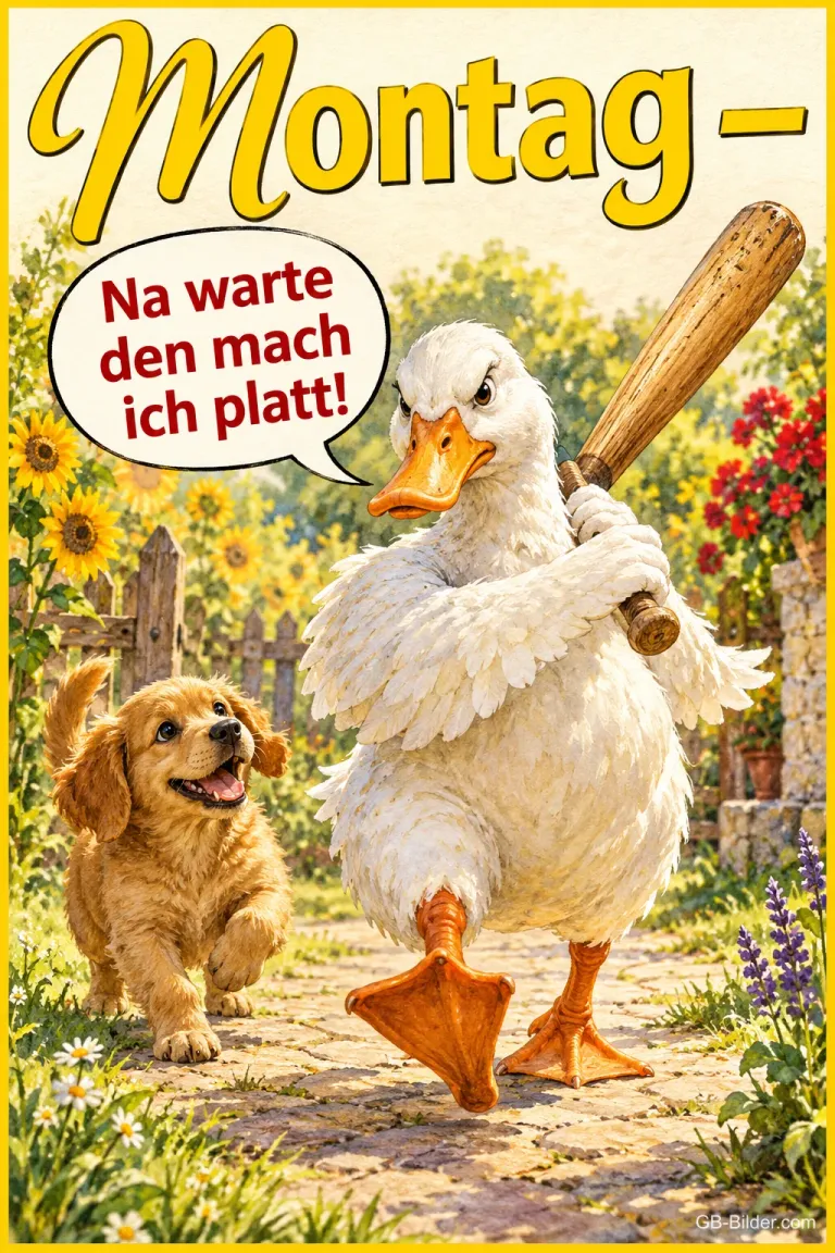 Ente mit Baseballschläger stapft entschlossen, ein Welpe folgt, Text: Montag – Na warte den mach ich platt!