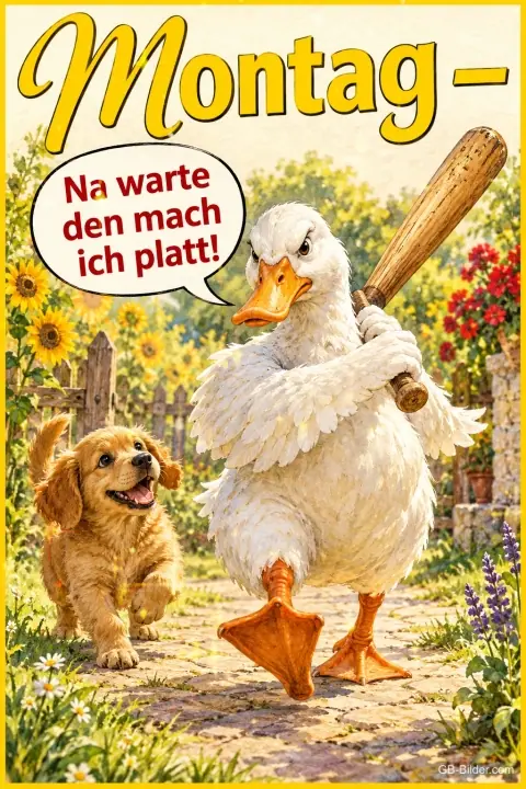 Ente mit Baseballschläger stapft entschlossen, ein Welpe folgt, Text: Montag – Na warte den mach ich platt!