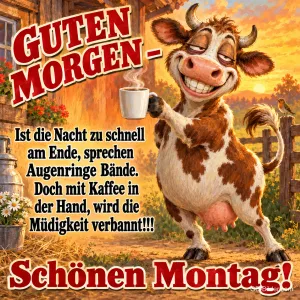 Grinsende Kuh hält eine Kaffeetasse vor einem Bauernhof, Text: GUTEN MORGEN – Ist die Nacht zu schnell am Ende, sprechen Augenringe Bände. Doch mit Kaffee in der Hand, wird die Müdigkeit verbannt!!! Schönen Montag!