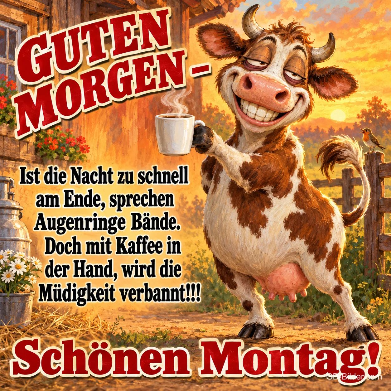 Grinsende Kuh hält eine Kaffeetasse vor einem Bauernhof, Text: GUTEN MORGEN – Ist die Nacht zu schnell am Ende, sprechen Augenringe Bände. Doch mit Kaffee in der Hand, wird die Müdigkeit verbannt!!! Schönen Montag!