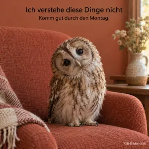 Waldkauz mit schiefem Kopf auf einem Sofa, Text: Ich verstehe diese Dinge nicht – Komm gut durch den Montag!